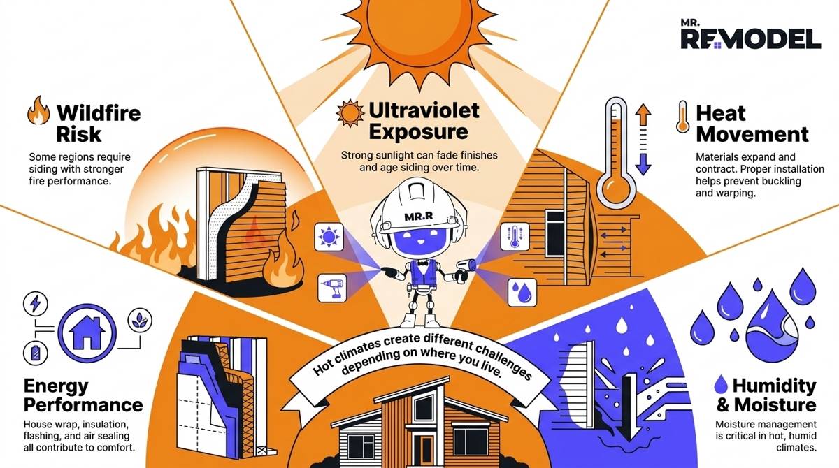 Editorial infographic illustrating the five environmental factors that affect siding performance in hot climates: ultraviolet exposure, heat movement, humidity, energy performance, and wildfire risk.